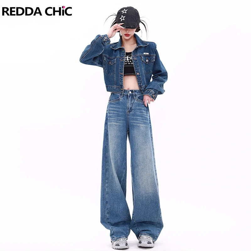 

Однотонные синие мешковатые джинсы ReddaChic с эффектом потертости, женские прямые широкие брюки с высокой талией в стиле ретро Y2k, Свободные повседневные брюки в Корейском стиле
