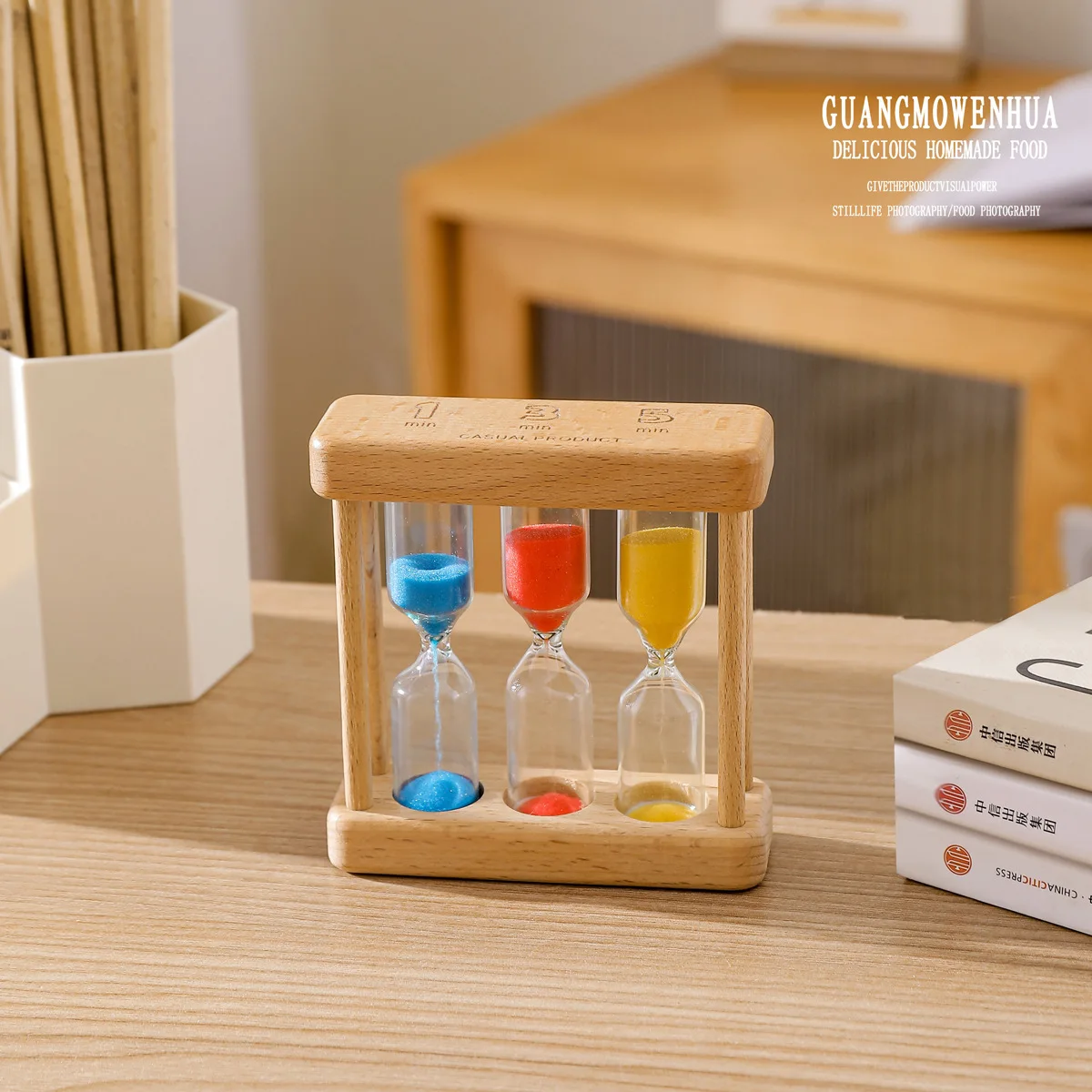 Sand Timer Liquid Hourglass Timer Colored Hourglass Wooden 1/3/5 Minute Creative Time Timer Three in One Combination Ornament for Children's Fun Home Decoration