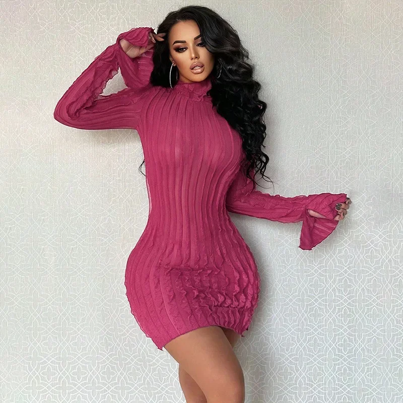 

Women Solid Wave Ruffles Mesh Bodycon Mini Dress 2024 Spring Turtleneck Flare Long Sleeve Slim Club Party Outfits Y2K Streetwear