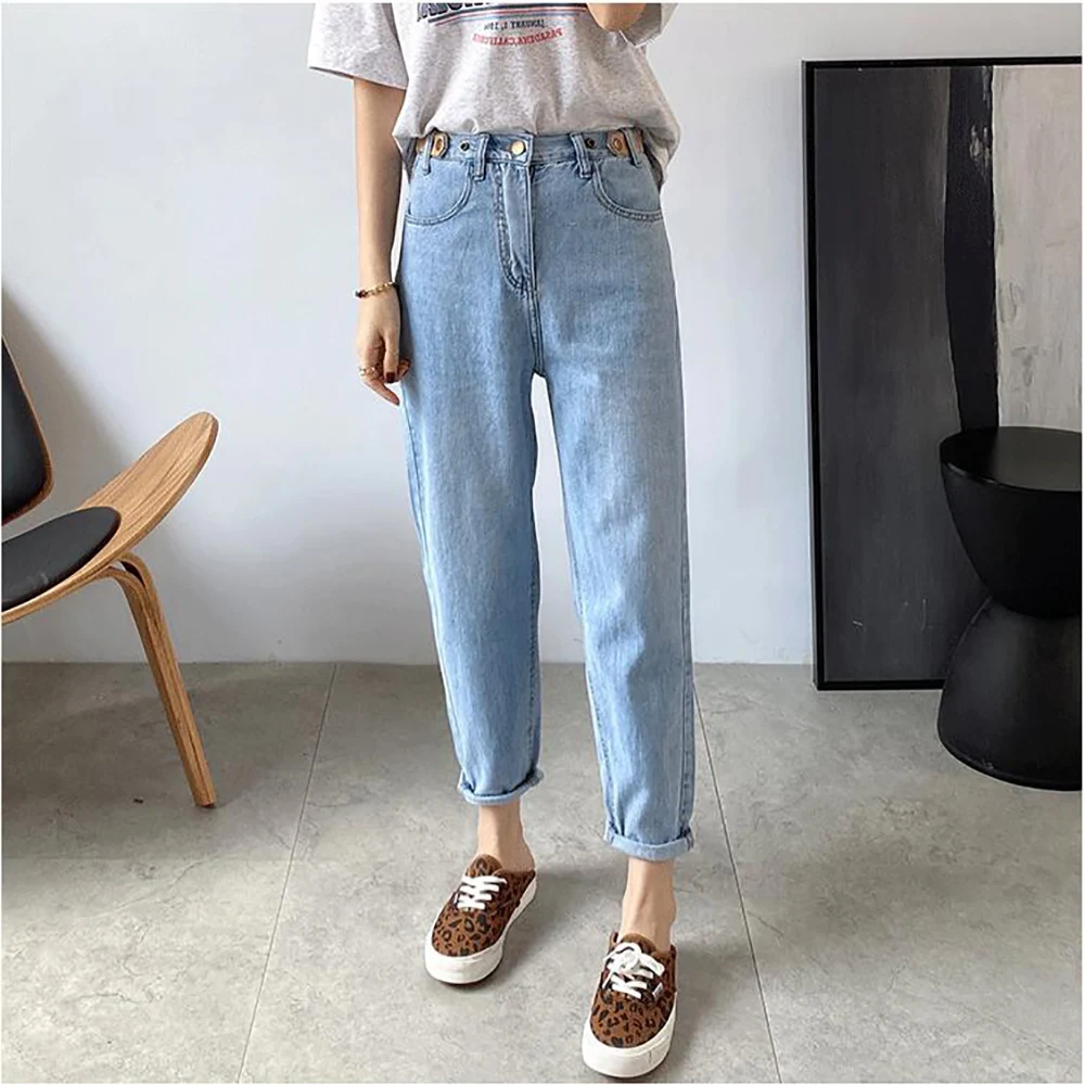 

2022 Autumn Women Jeans Washed Blue Denim Loose Casual Style Harem High Waist Pencil Pants Winter Female Trousers C4407