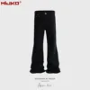 MIJKO Ribbons Slightly Stretch Baggy Flared Jeans for Men High Street Black Color Boom Cut Oversized Casual Denim Trousers 1