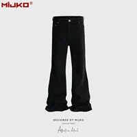 MIJKO Ribbons Slightly Stretch Baggy Flared Jeans for Men High Street Black Color Boom Cut Oversized Casual Denim Trousers 1