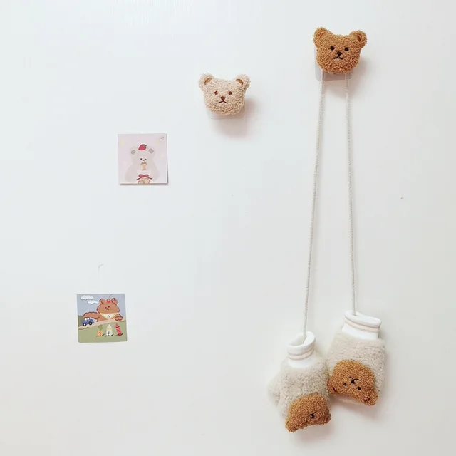 5Pcs ins embroidery bear wooden wall decoration hook children's room dress up wall hanging clothes cupboard door sticky hook 4