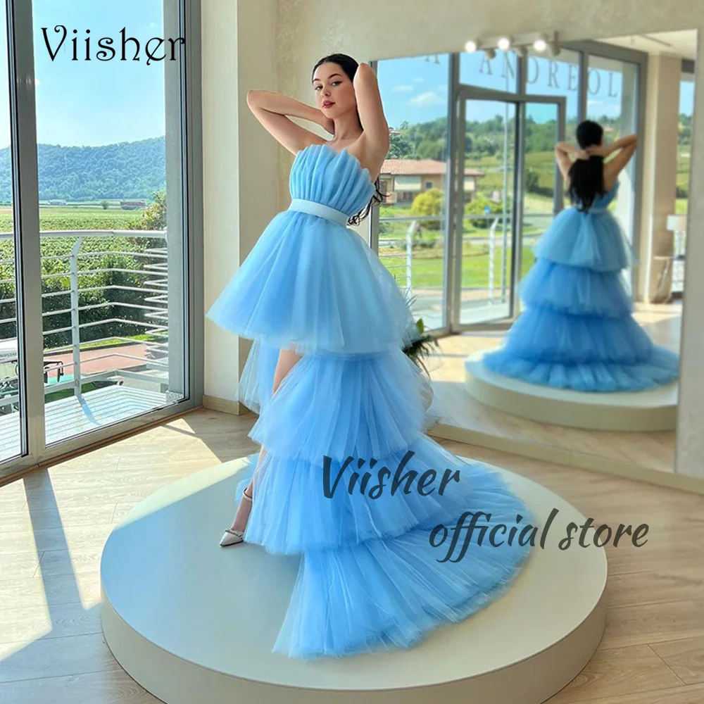 

Viisher Blue Tulle High Low Prom Party Dresses Pleats Tiered A Line Luxury Evening Dress with Train Celebrate Event Gowns