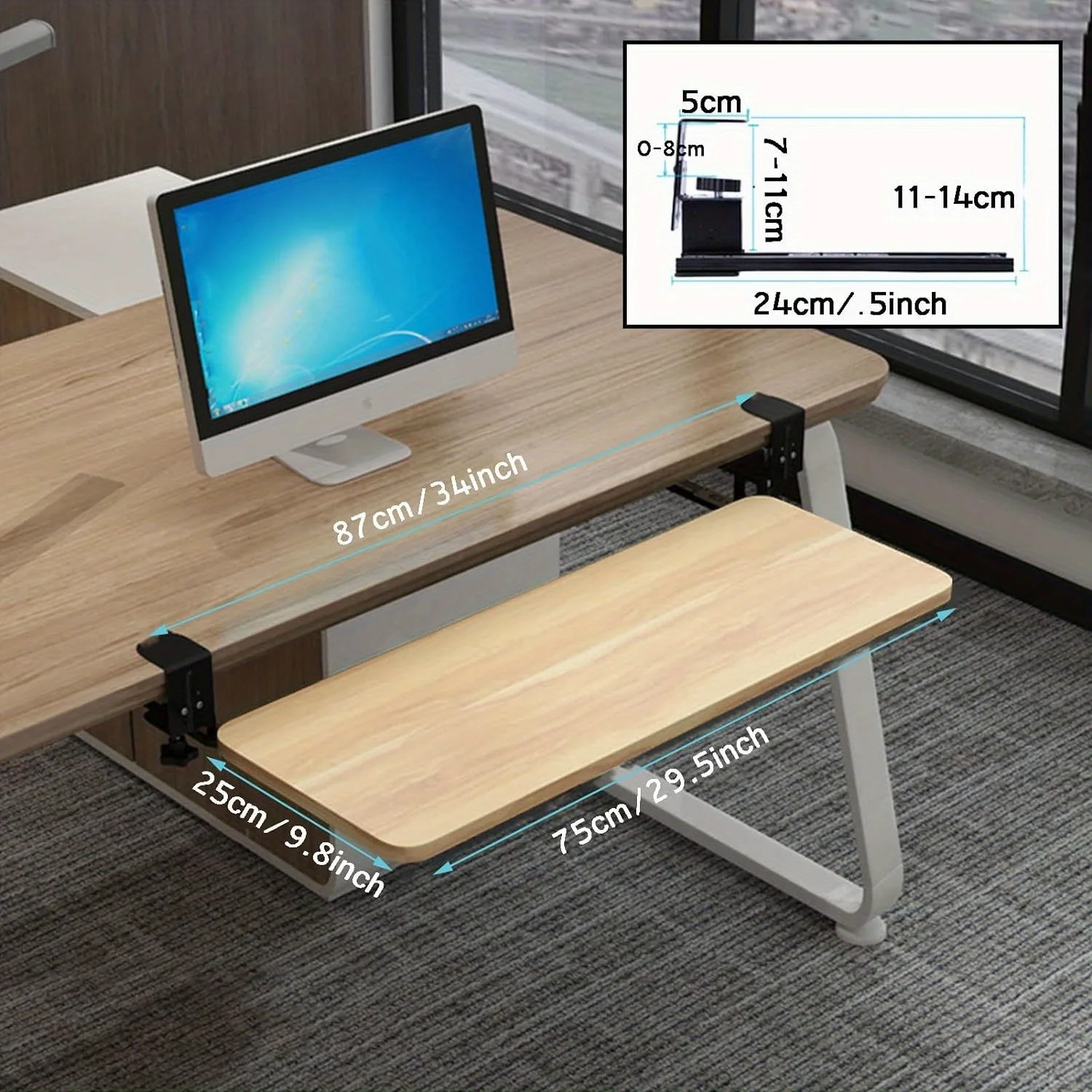 Ergonomic Sliding Under Desk Keyboard Tray, Clamp, Mouse Platform, Retractable, Undermount Drawer, No Tools, , 1Pc