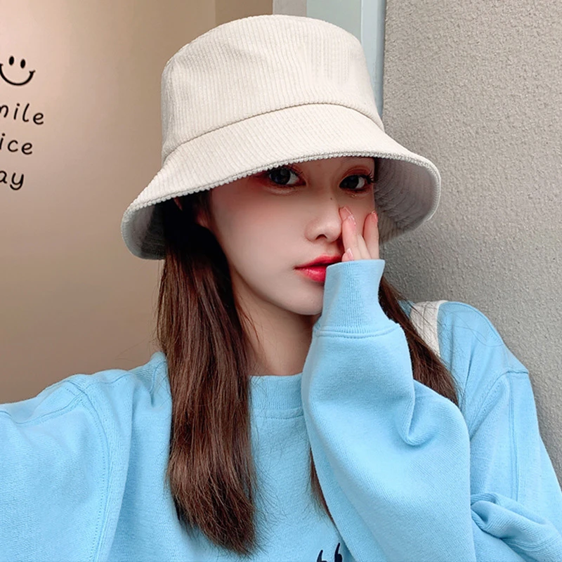 New Autumn Winter Corduroy Bucket Hat Female Lady Wide Brim Solid Color ...