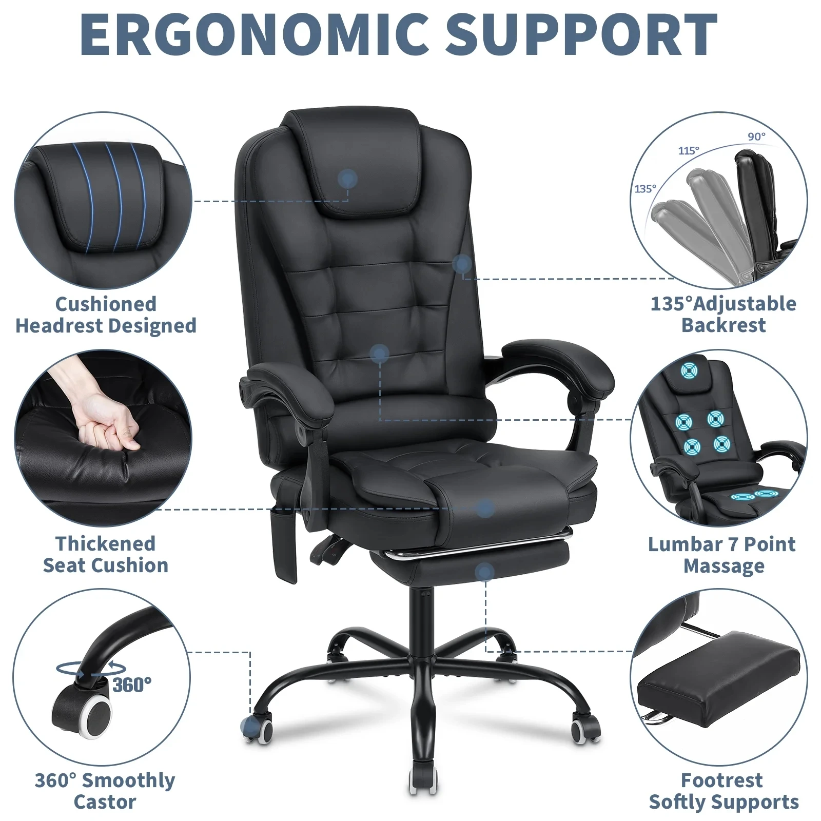 Executive Office Chair Massage High Back Leather Office Chair with Footrest Reclining Computer Desk Chair Lumbar Back Support 3