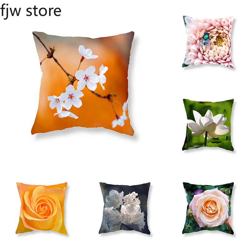 

Cherry Blossom Lotus Rose Flower Printed Pillow Cover Sofa Room Bedside Decoration Office Seat Cushion Home