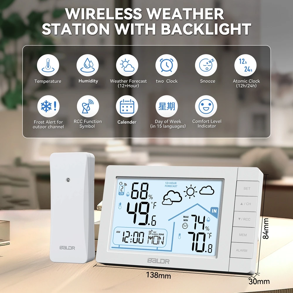 Wireless Weather Station with Atomic Alarm Clock, Hygrometer, Thermometer, Frost Alert, and Digital Forecasting Sensor