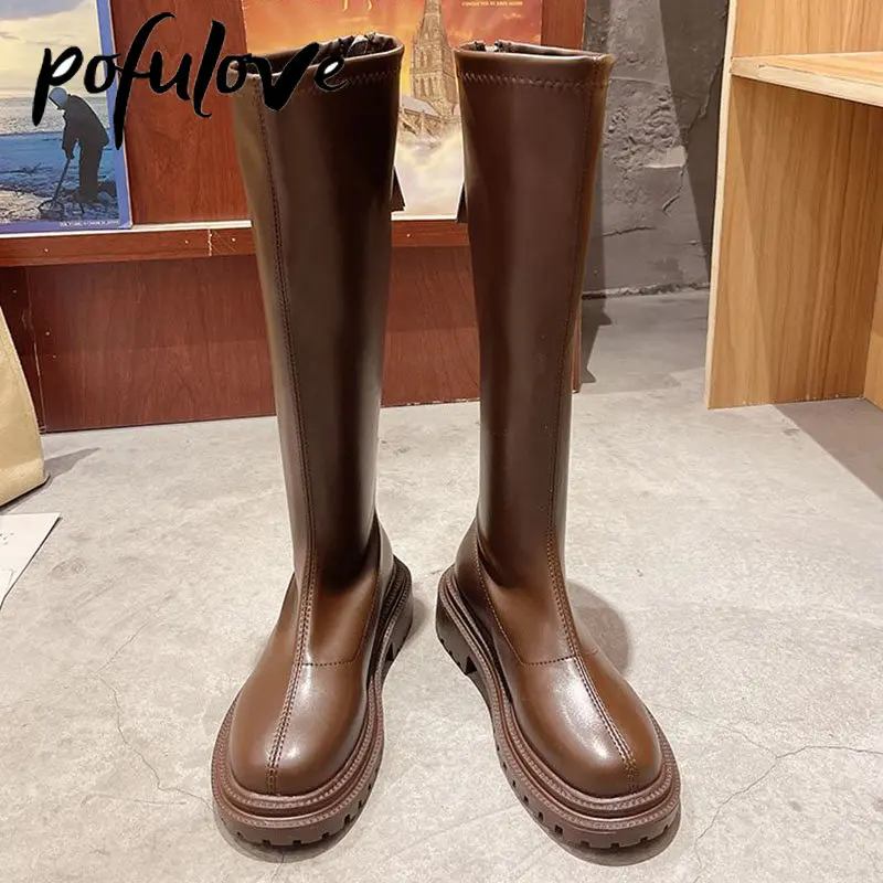 

Pofulove Женские чистые кожаные сапоги PU весенние и осенние кожаные сапоги с толстым днищем на задней молнии одноместные сапоги воздухопроницаемые легкие тонкие модные мягкие кожаные сапоги