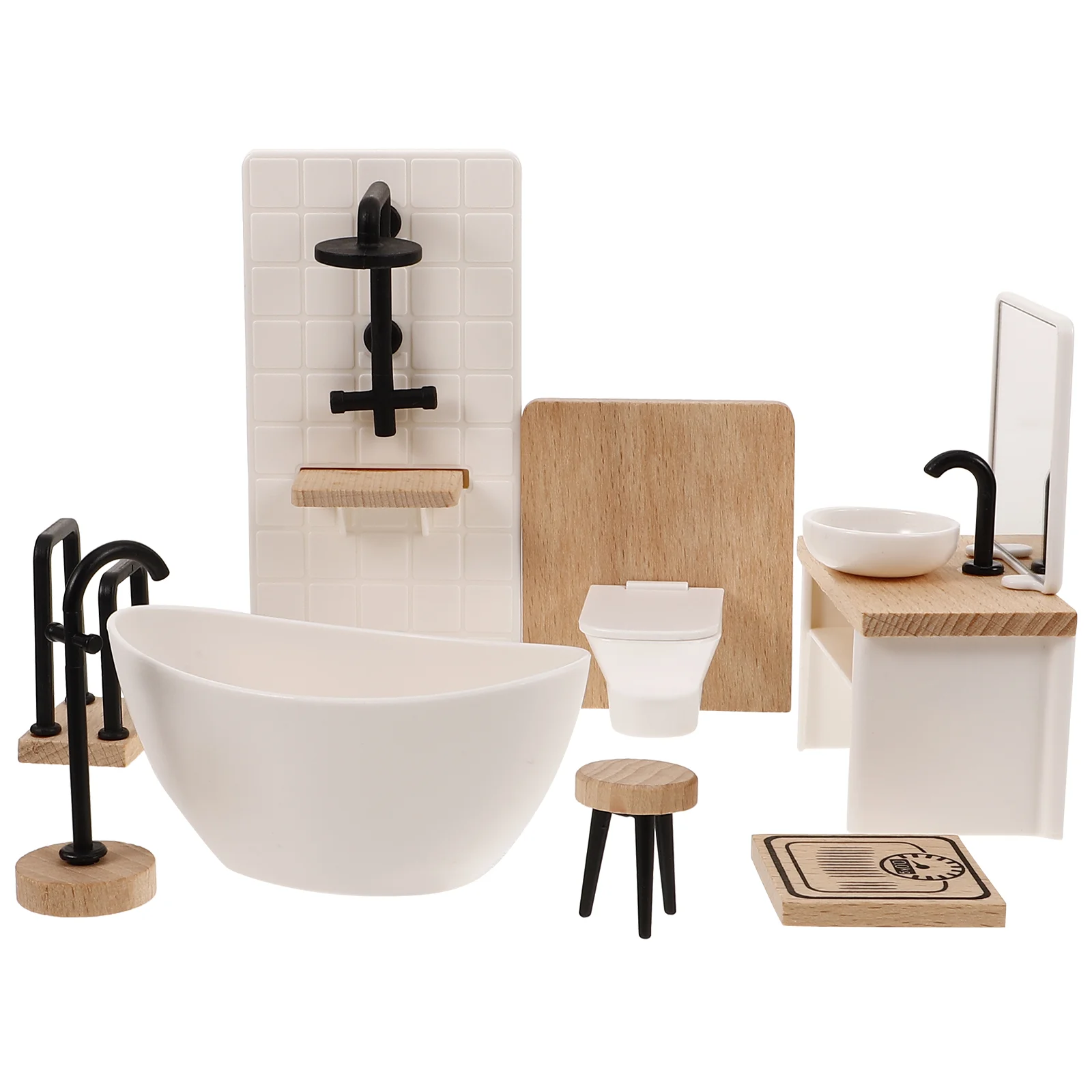 

Dollhouse Bathroom Set 8Pcs 1/12 Scale Miniature Toilet Basin Bathtub Mirror Doll House Furniture Toys Cake Topper Dollhouse