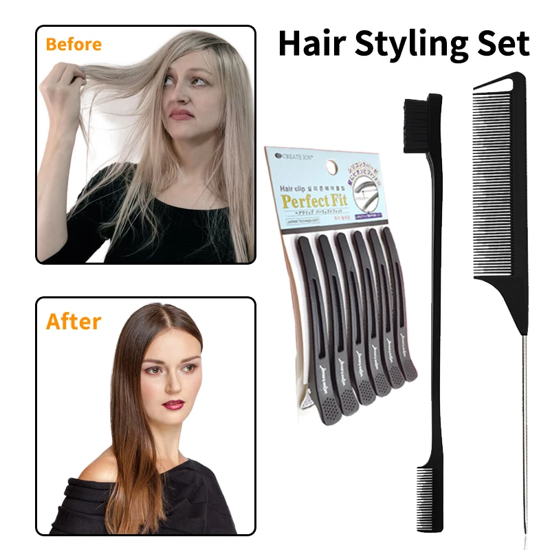 

Hairdresser Set Double Sided Edge Control Brush Highlighting Rat Tail Comb Salon Alligator Seamless Hair Clip Styling Tool