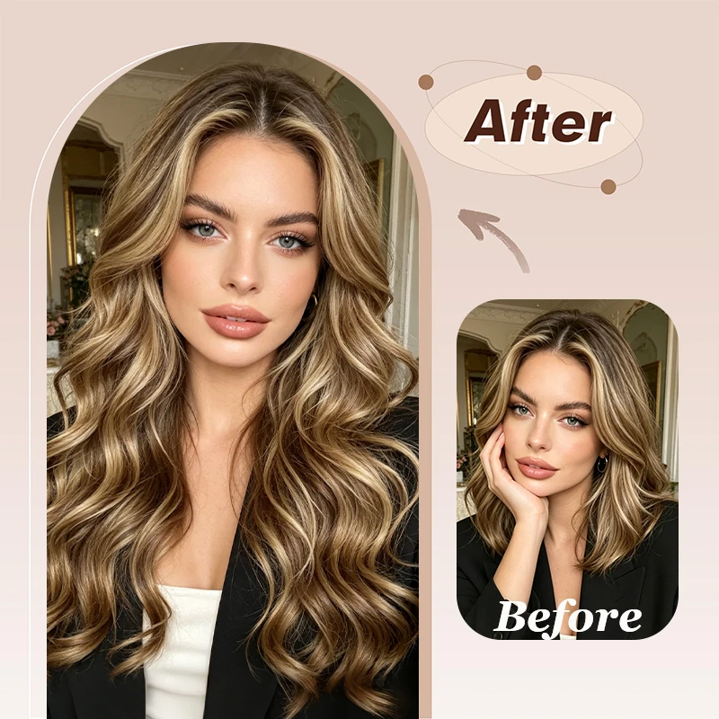 Extension per capelli lunghi ondulati con mèches miste, morbide e invisibili, con trama in pizzo, resistenti al calore, sintetiche, per donna - immagine 2