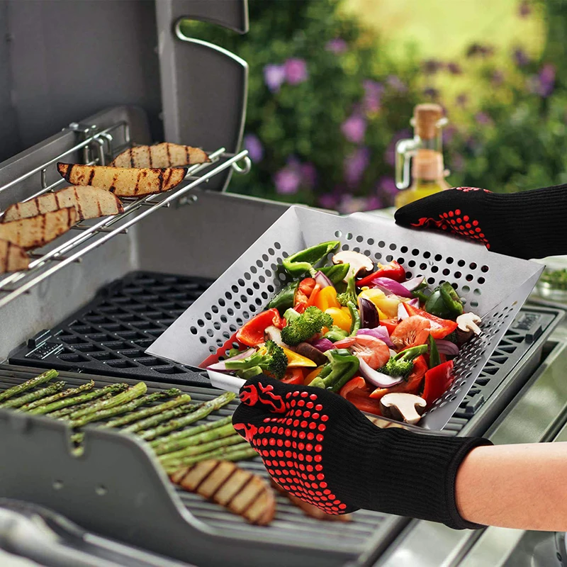 BBQ Grilling Basket Vegetables Meat Baking Dish Pan Stainless Steel Non-stick Barbecue Tool Kitchen Gadget Barbecue Acceessories