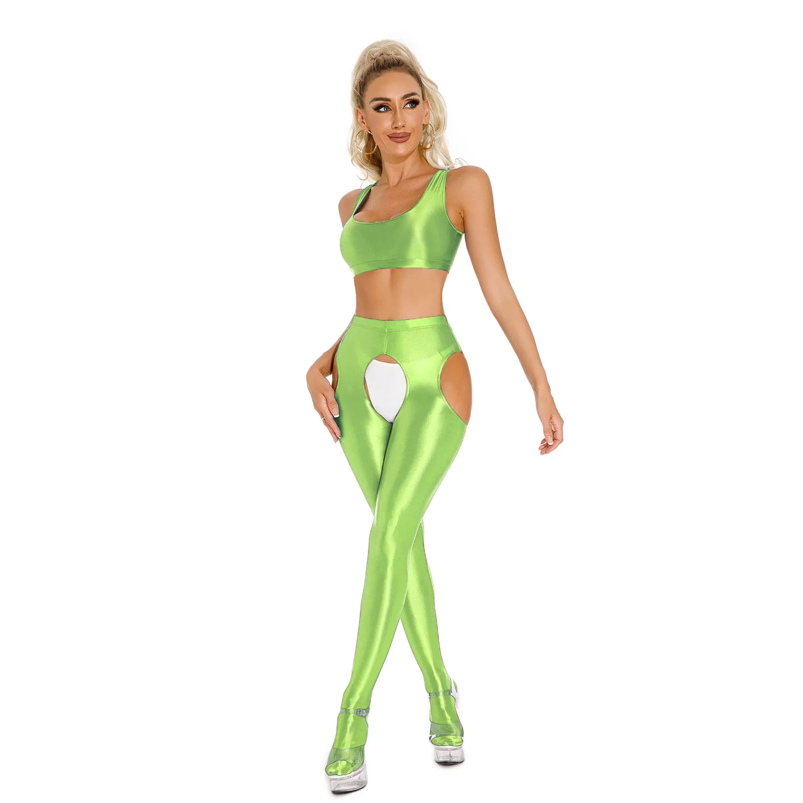 Conjunto de lencería Sexy brillante para mujer, Top corto sin mangas con cuello en U y espalda cruzada con cinturilla elástica, pantimedias sin entrepierna con recorte lateral