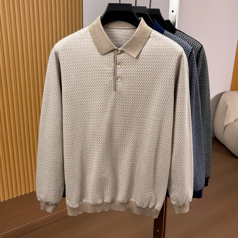 Polo a maniche lunghe da uomo 100% cotone, classico motivo pied-de-poule, abbottonatura invisibile, top casual - immagine 6