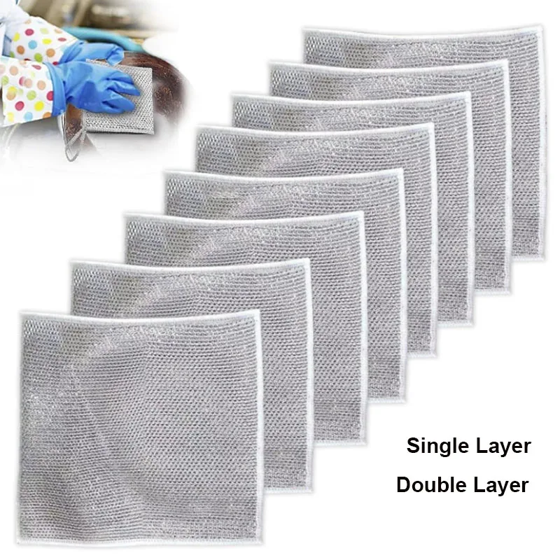 5/10/20pcs metal steel wire rags silver wire cleaning kitchen cloths thickened double-sided metal sponge steel wool ball rags metal cleaning cloth