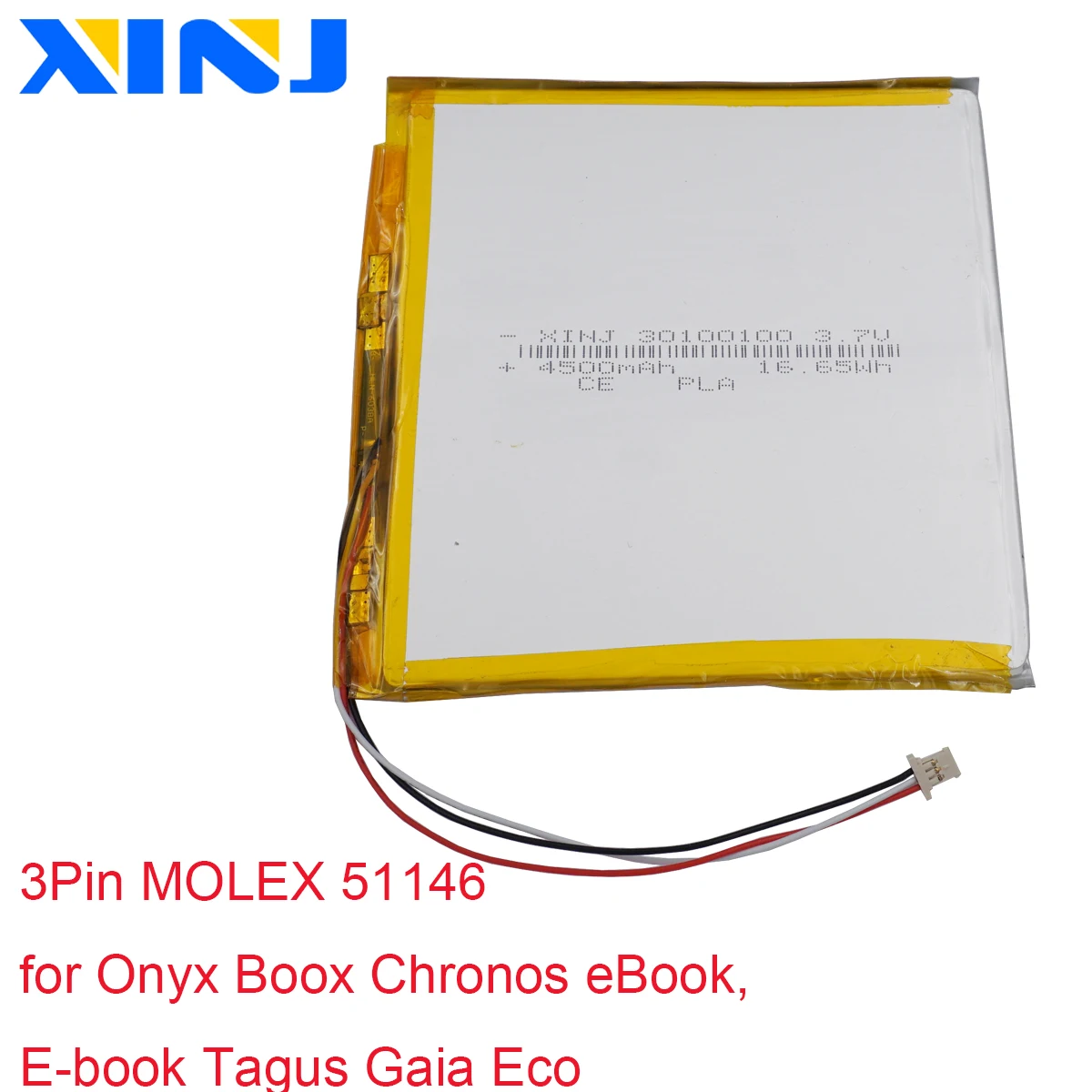 

3.7V 4500mAh 16.6Wh 30100100 3Pin MOLEX 51146 Polymer Li Lithium Lipo Battery For Onyx Boox Chronos eBook,E-book Tagus Gaia Eco