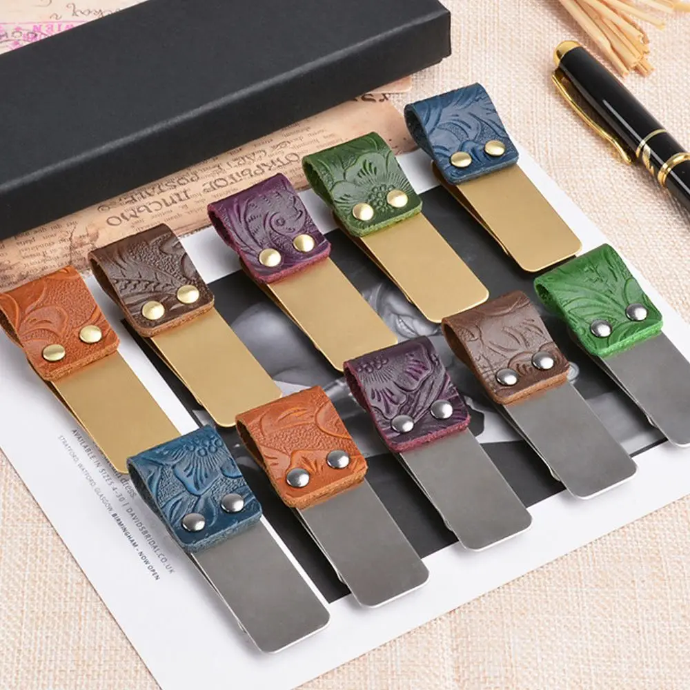 Convenient Metal Vintage Portable Notebook Holder Handmade Leather Stainless Steel Clips Brass Pen Folder pen holder