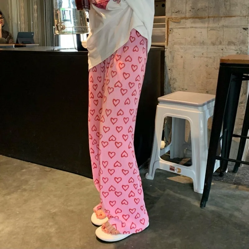 Trousers Green Love Printing Leisure Woman New High Waisted Fold Straight Cylinder Sagging Sensation Wide Legs Mopping The Floor