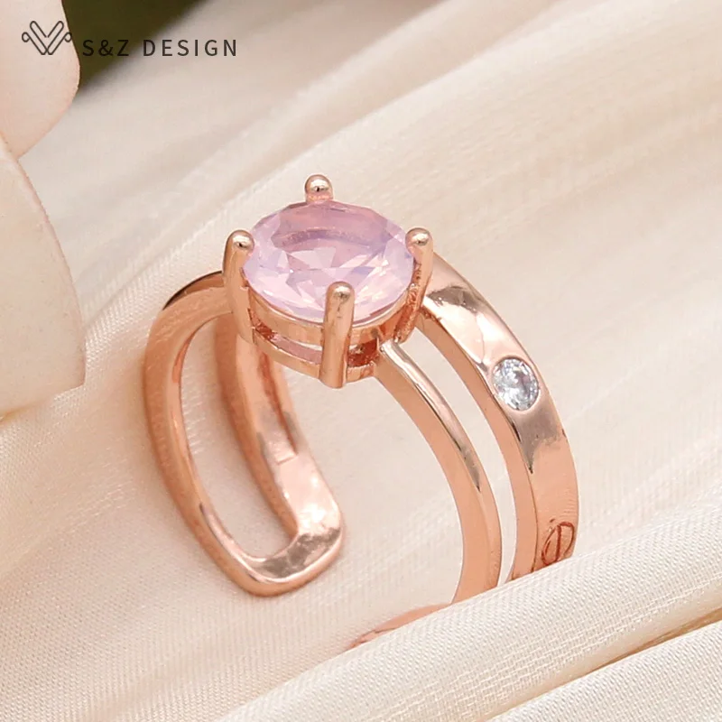 S&Z DESIGN New Fashion Elegant 585 Rose Gold Color Round Cubic Zirconia Adjustable Rings For Women Wedding Jewelry Gift