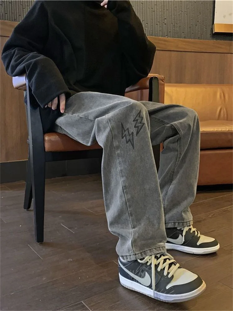 【BOK PLACE】Gray Washing Wide Pants Denim Pants y2k Y2K Jeans Women Baggy Trendy Star Embroidered Boyfriend