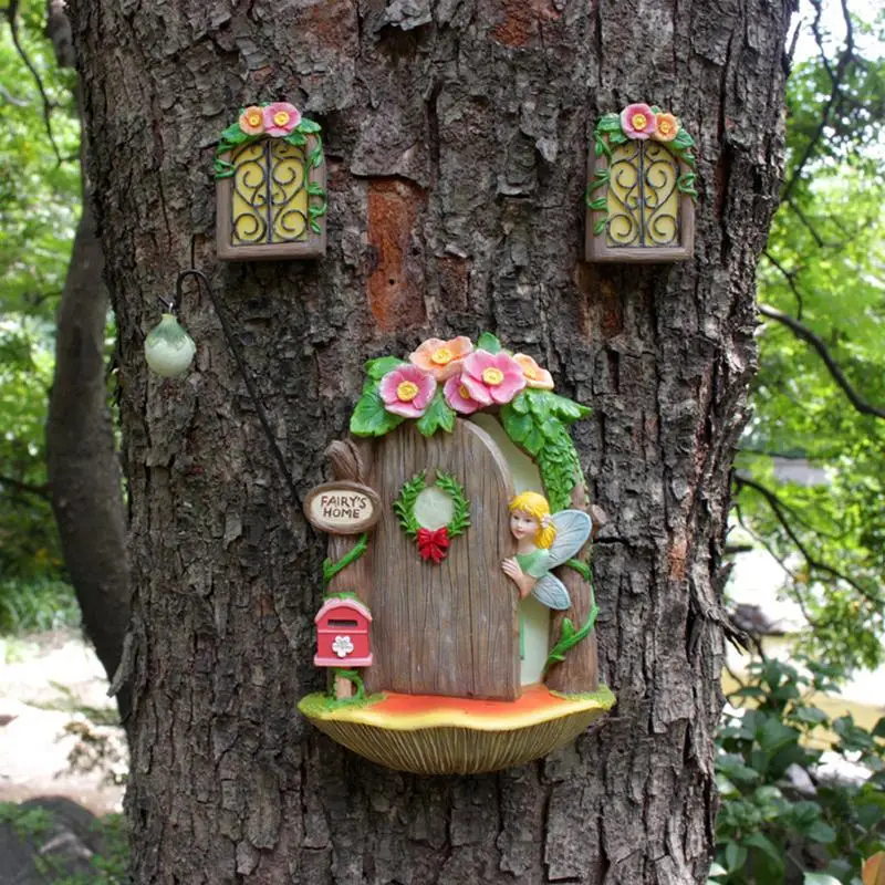 

Luminous Window Door Miniature Fairy Yard Art Sculpture Statues Outdoor Home Decor Funny Resin Craft Garden Decoration For Trees