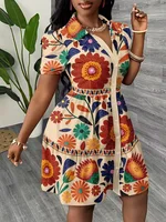 Robe chemise d'été pour femme 2026 à imprimé floral, manches bouffantes, ourlet à volants, coupe trapèze, mini-robe 3