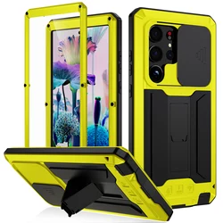 Heavy Duty Shockproof Metal Aluminum Case with Built - in Kickstand and Glass Cover - Galaxy S24 Plus (Yellow)