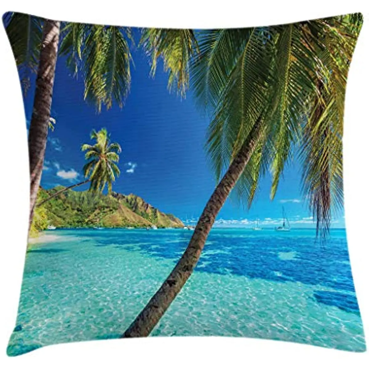 

Ocean Throw Pillow Cushion Cover, Image a Tropical Island with The Palm Trees and Clear Sea Beach Theme Print Decorative Square