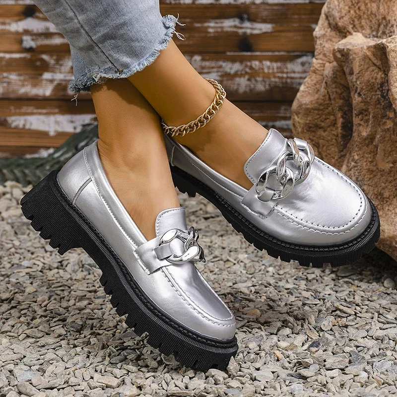 Women's Loafers New Thick Sole Chain Silver Shoes for Women
