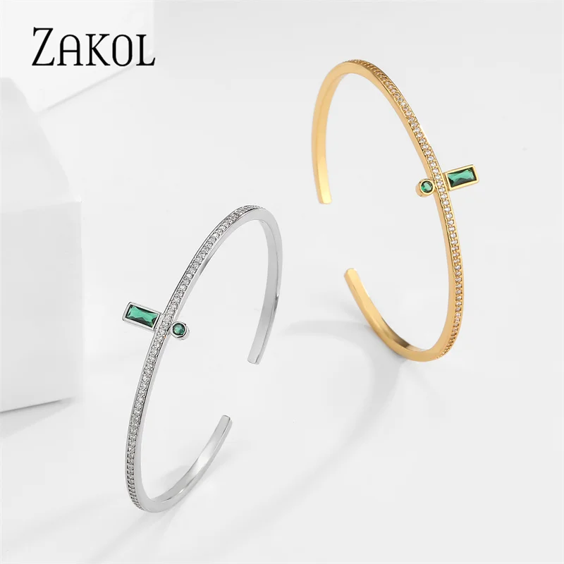Fashion Green Cuff Bangles for Women Rectangle Zirconia Bracelets Christmas Party Jewelry,bangle bracelet,zirconia bangle