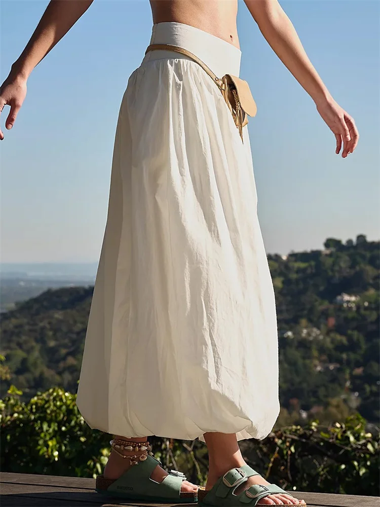 CHRONSTYLE Women Long Maxi Skirts Casual Loose Fit Elastic Waist Solid Color Ruched Pleated Skirts for Summer Spring Streetwear picture