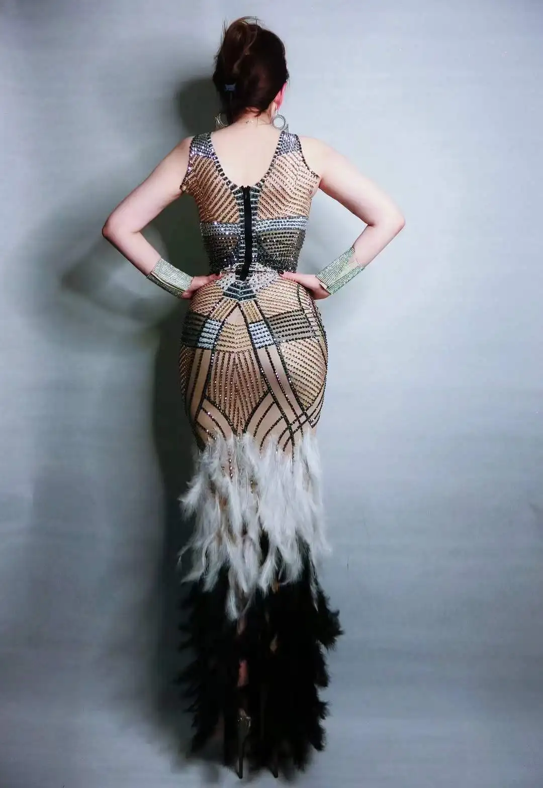 Sleeveless Women Long Dress Feather Rhinestone Sparkly Birthday Celebrate Outfit Drag Queen Stage Wear Singer Nightclub Bar