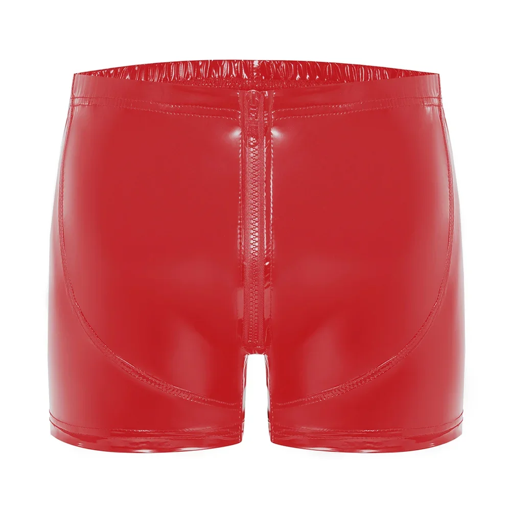 Men Sexy Open Crotch Leather Short Pants Pole Dance Costume Zipper Crotchless Faux Leather Fetish Boxers Erotic Hot Porn Boxers