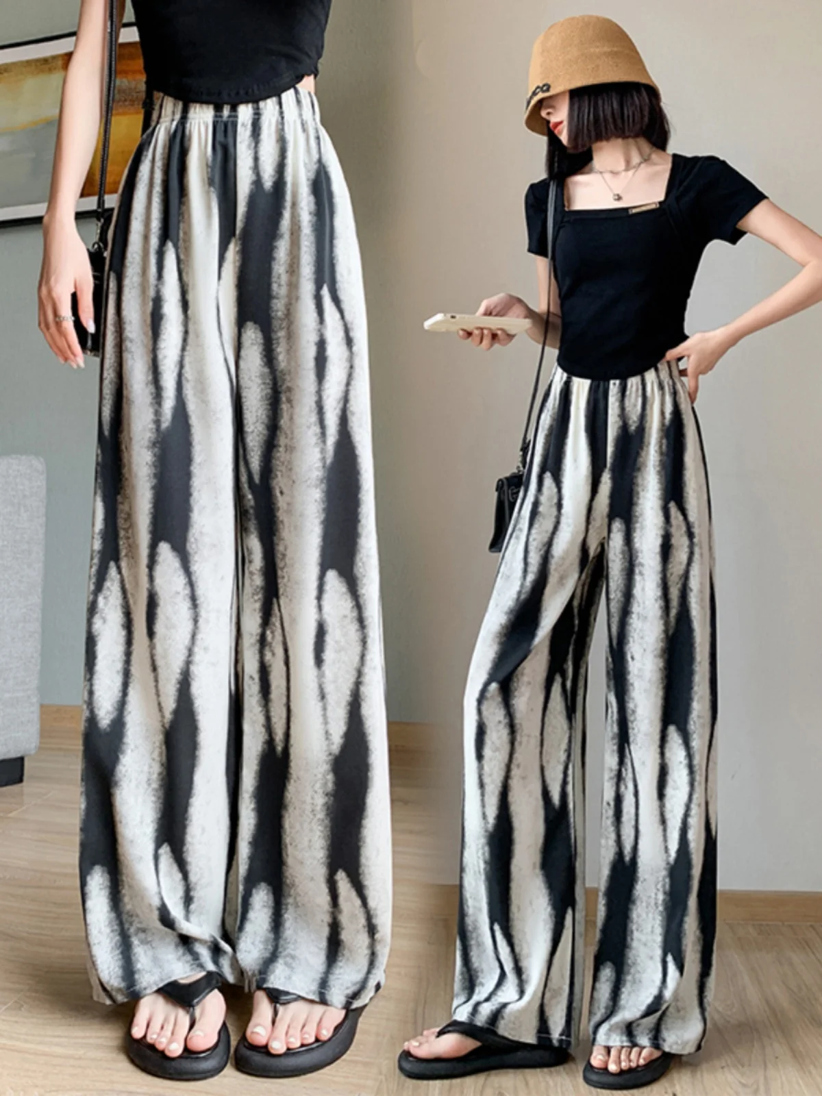 

2024 Women Summer Fashion Ice Silk Wide-leg Pants Female High Waist Loose Straight Pant Ladies Tie-dyed Casual Trousers C267