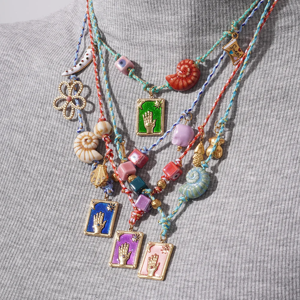 Multi-color Oil Dripping Enamel Tarot Card Pendant Neckalce Texture Snail Shell Conch Colorful Rope Palm Summer Beach Jewelry