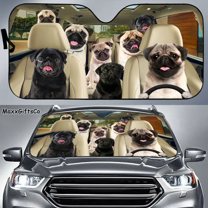 Pug Car Sun Shade, Pug Windshield, Dogs Family Sunshade, Dogs Car