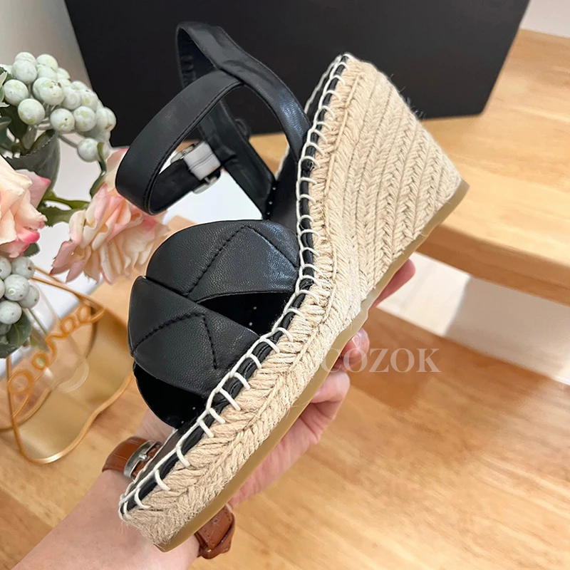 

2023 Spring Women's Wedges Sandals Sheepskin Round Toe Weave Belt Buckle Design Concise Casual Thick Bottom Women Single Shoes