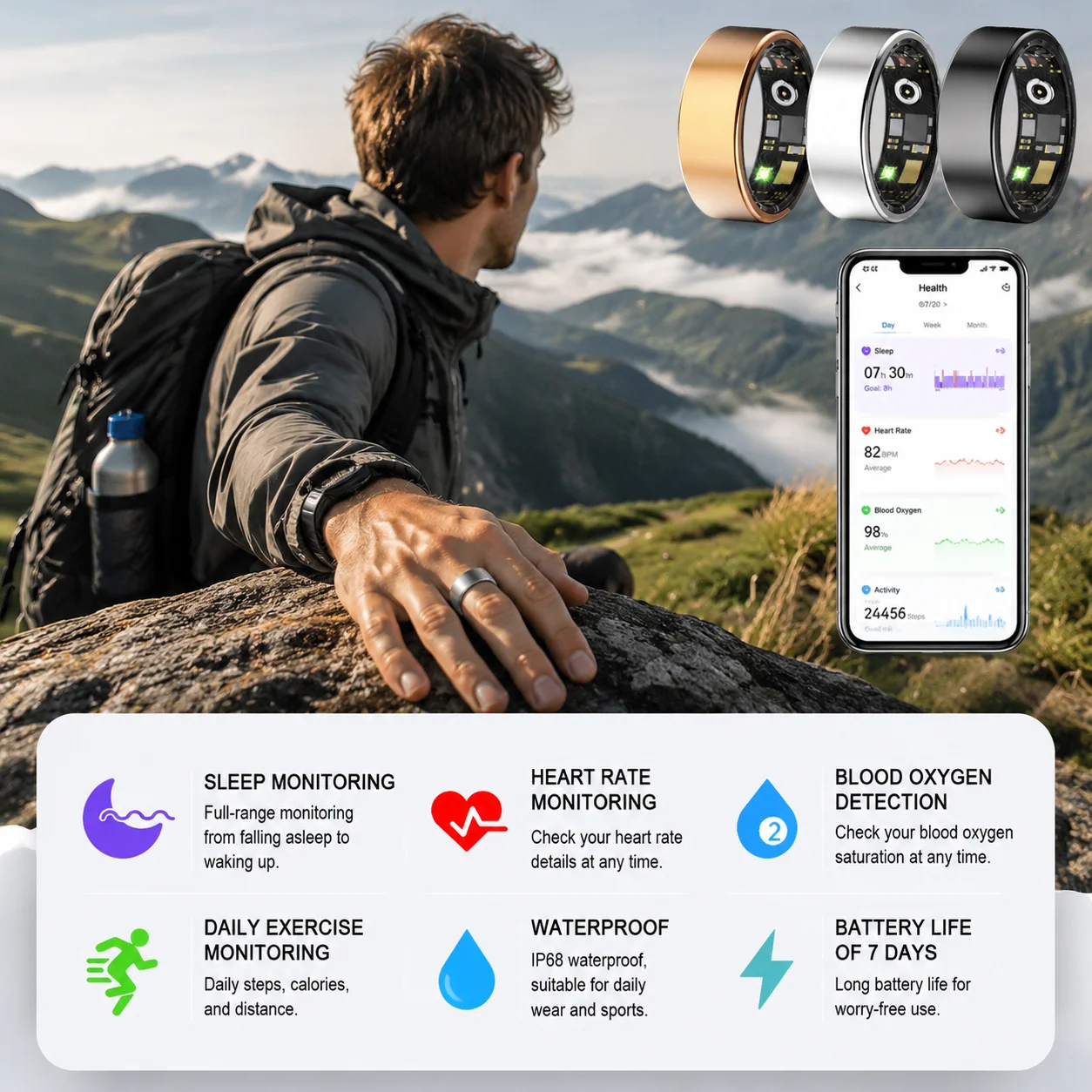 Anello Intelligente per Monitoraggio della Salute Uomo Donna, Monitoraggio Frequenza Cardiaca e Ossigeno nel Sangue, Impermeabile 5ATM, Modalità Multi-sport - immagine 2