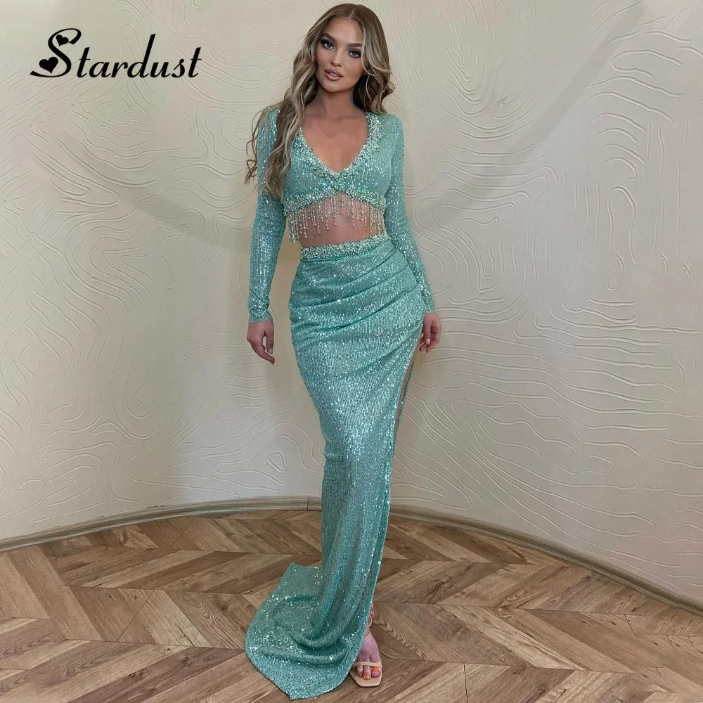 

Stardust Glitter Trumpet Evening Dresses Deep V-Neck Tassel Sequins Long Sleeves Saudi Arabric Vestido Gala Mujer Made To Order