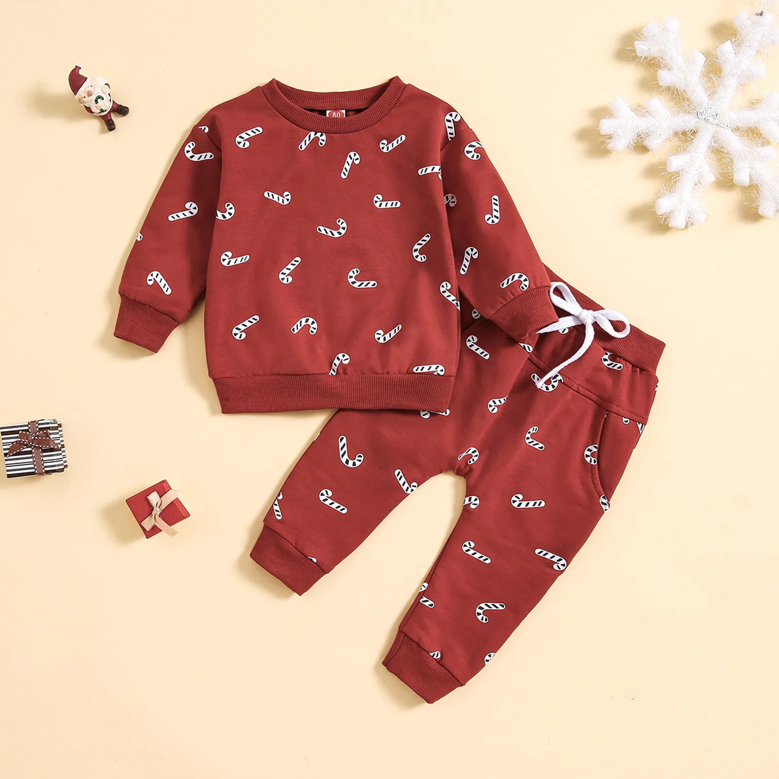 

0-3Y Toddler Baby Boy Fall Outfits Christmas Clothes Sets Cartoon Candy Cane Print Long Sleeve Sweatshirt Elastic Waist Pants