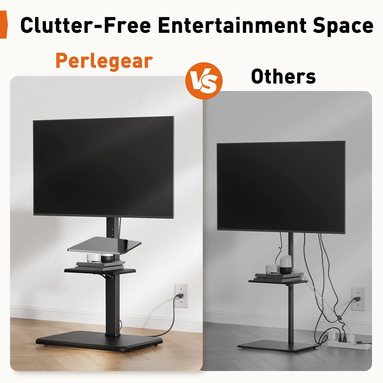 기울기 높이 조절 가능 TV 바닥 스탠드 마운트 디스플레이 트롤리(잠금 바퀴 포함) 선반 2개 26-65인치용 무료 HD  케이블-Freehip.co.kr