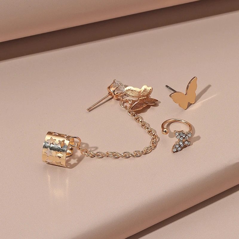 Women's Butterfly Stud Earrings Fashion Hollow Chain Set Ear Clip Jewelry