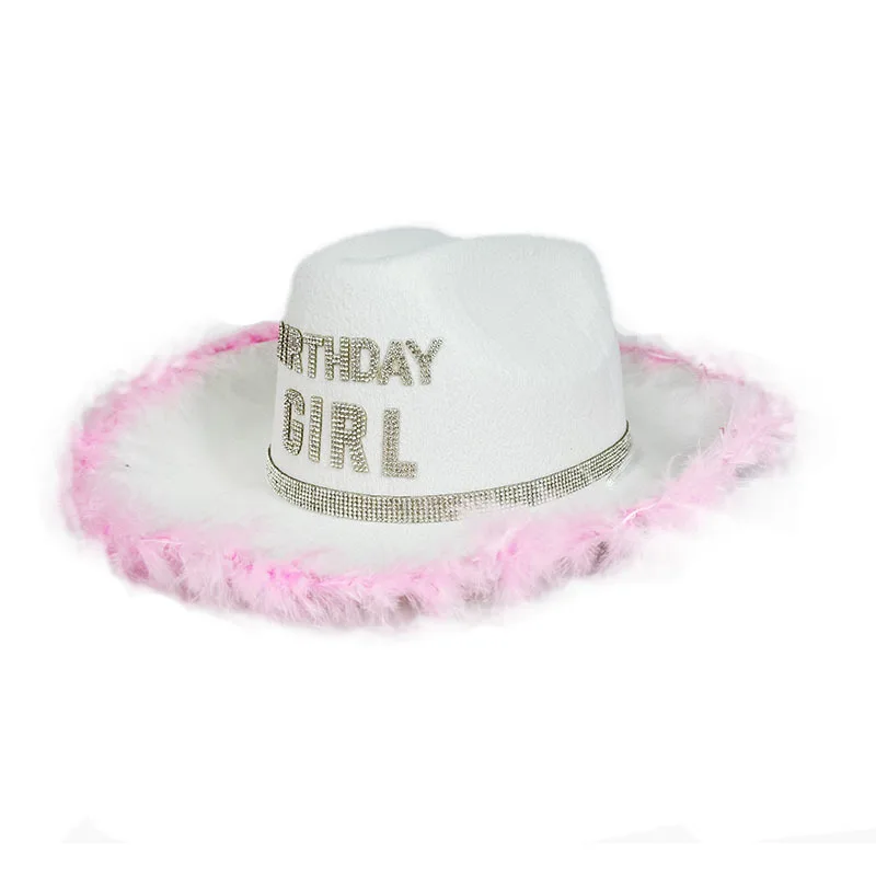 Birthday Girls Pink Raw Edge Furry Cowboy Hat White black Birthday crown Party Top hats Cute festival stage performance caps