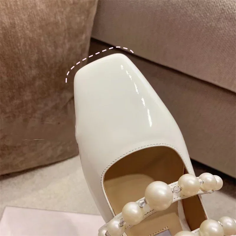 2024 Spring and Autumn New One line Leather Flat Bottom Mary Jane Shallow Mouth Pearl Square Head Single Shoes for Women