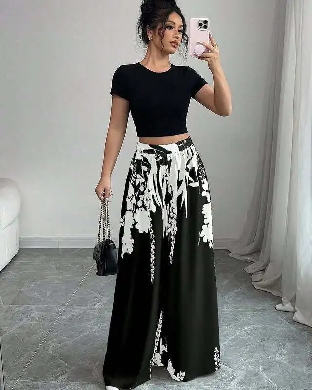 Women's Tropical Print Wide-Leg Pants, Elastic Waist Design, Slim Fit for Casual Vacation Wear 6