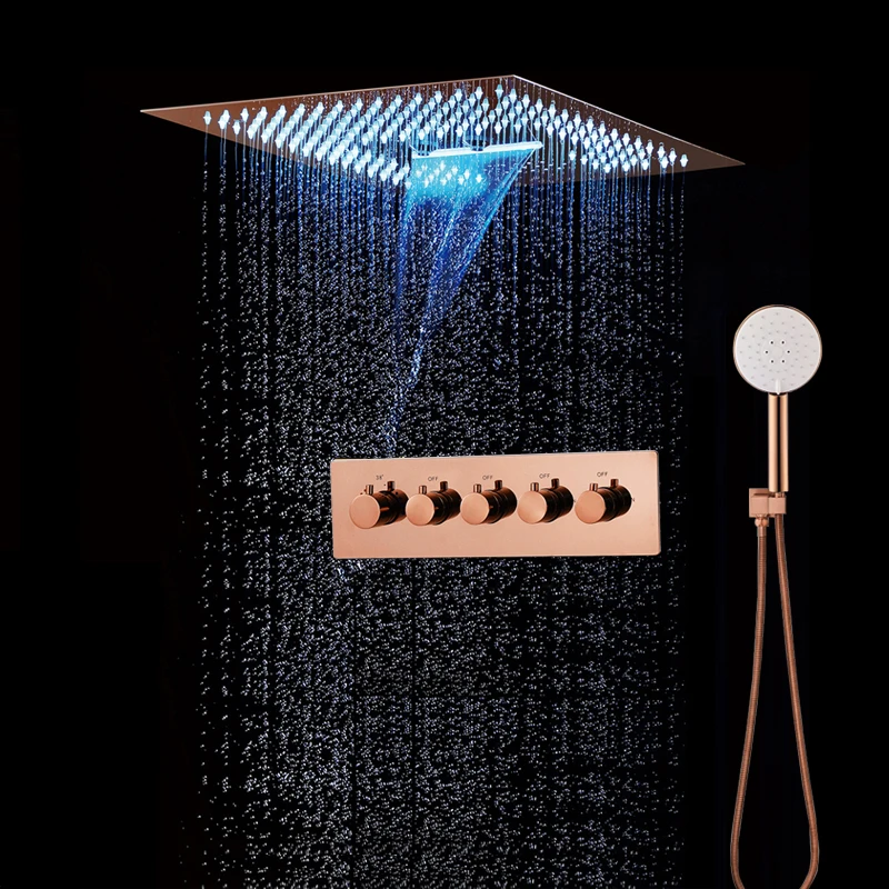 MBoenn Rose /Brushed/Polished Gold 4 Functions Rain Shower Systems Thermostatic Embedded LED Music Head Bathroom Diverter |
