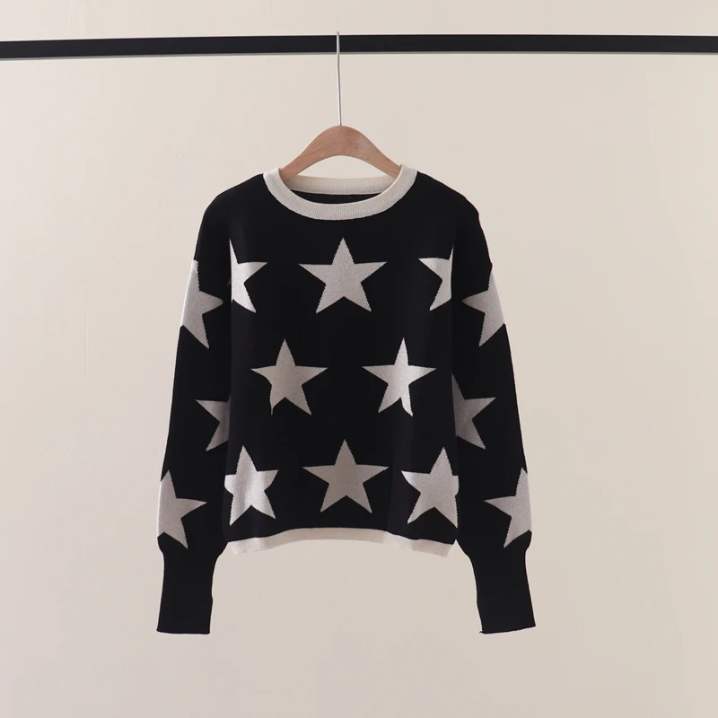 

Sparkling Star Jacquard Pullover Knitted Shirt Round Neck Long Sleeve Loose Relaxed Sweater for Women