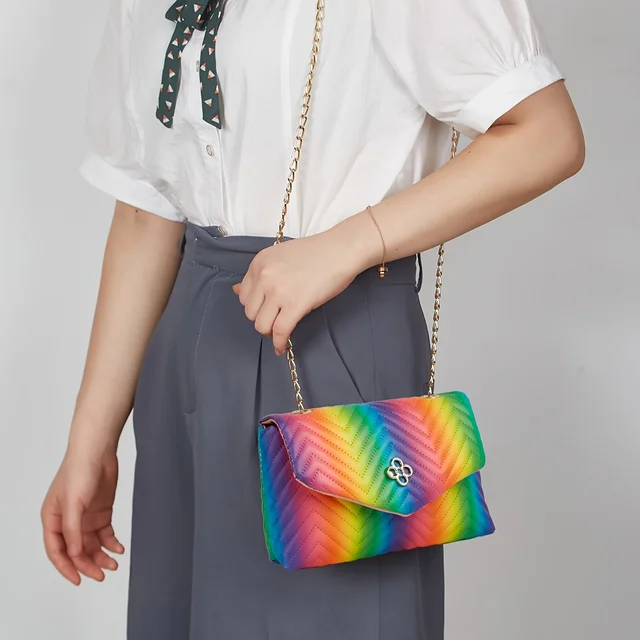 Wave print chain rainbow bag small square bag, personalized and fashionable single shoulder diagonal cross women's bag